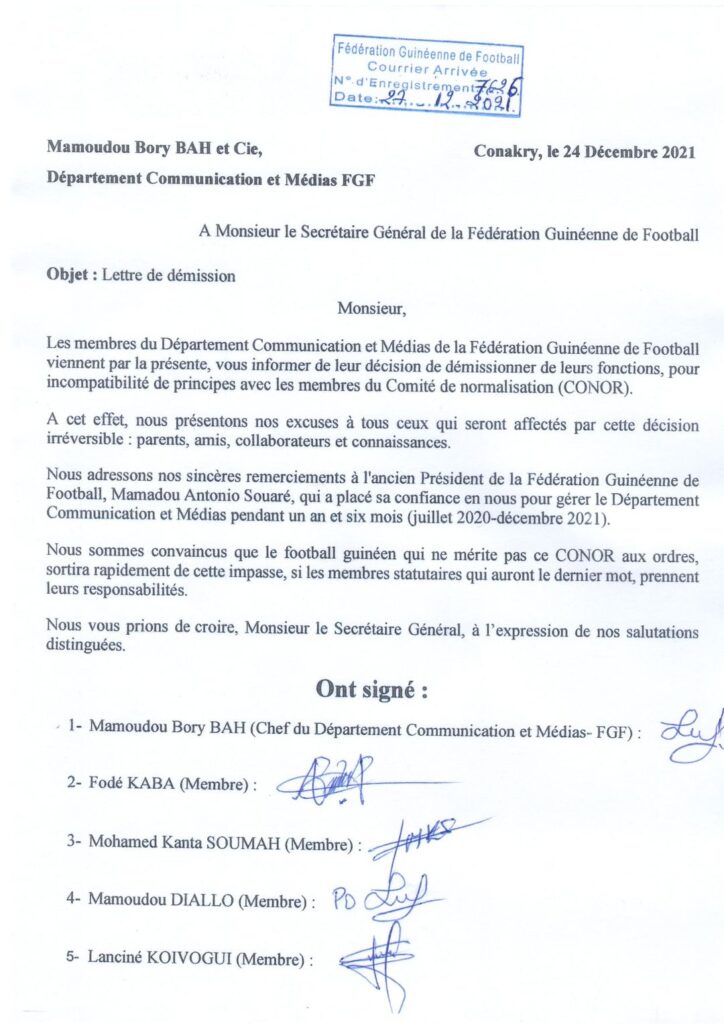 Lettre de démission des membres du Département Communication et Médias de la Fédération Guinéenne de Football. 5 Lettre de démission des membres du Département Communication et Médias de la Fédération Guinéenne de Football.