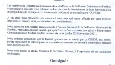 Lettre de démission des membres du Département Communication et Médias de la Fédération Guinéenne de Football.