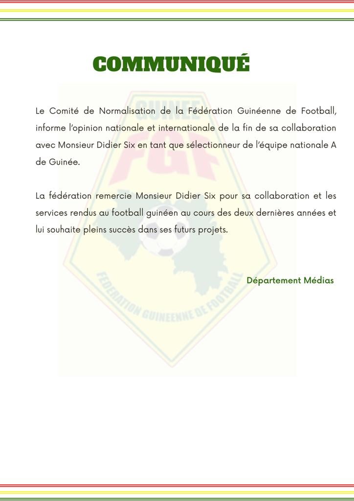 SYLI NATIONAL DE GUINÉE : FIN DE LA COLLABORATION ENTRE LA FÉDÉRATION GUINÉENNE DE FOOTBALL ET LE SÉLECTIONNEUR DIDIER SIX 5 SYLI NATIONAL DE GUINÉE FIN DE LA COLLABORATION ENTRE LA FÉDÉRATION GUINÉENNE DE FOOTBALL ET LE SÉLECTIONNEUR DIDIER SIX