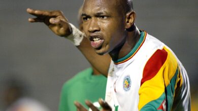 Senegal's El Hadji Diouf shouts at a teammate 26 January 2004 at the Al Menzah stadium in Tunis during an African Nations Cup 2004 match against Burkina Faso. The match ended in a 0-0 draw. AFP PHOTO FRANCK FIFE / AFP PHOTO / FRANCK FIFE